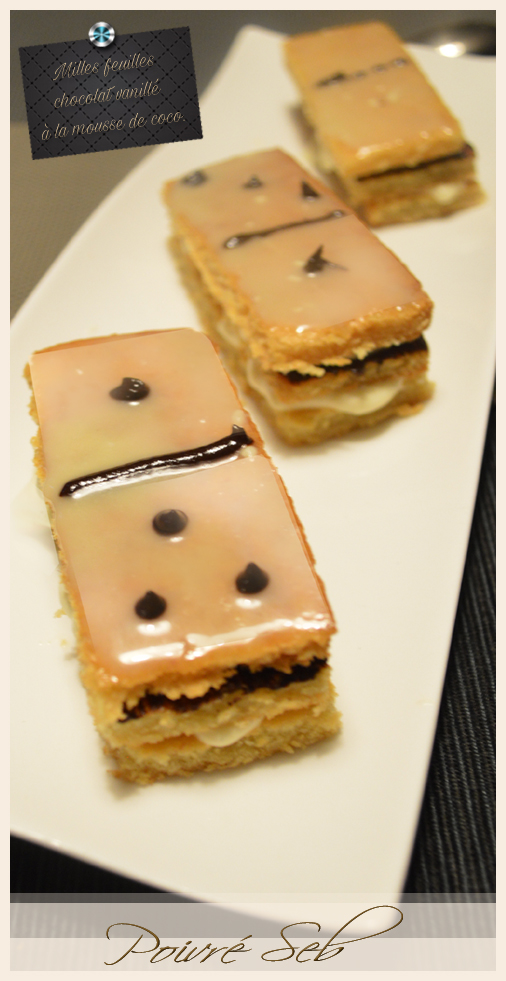 Milles feuilles chocolat vanille a la mousse de coco présentation