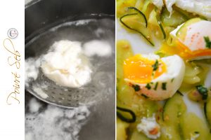 Préparation-Œuf-poché-sur-un-lit-de-lamelles-de-courgettes-plat