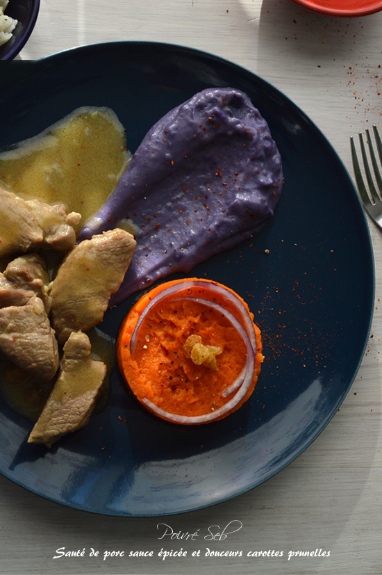 Sauté de porc sauce épicée et douceurs carottes, prunelles